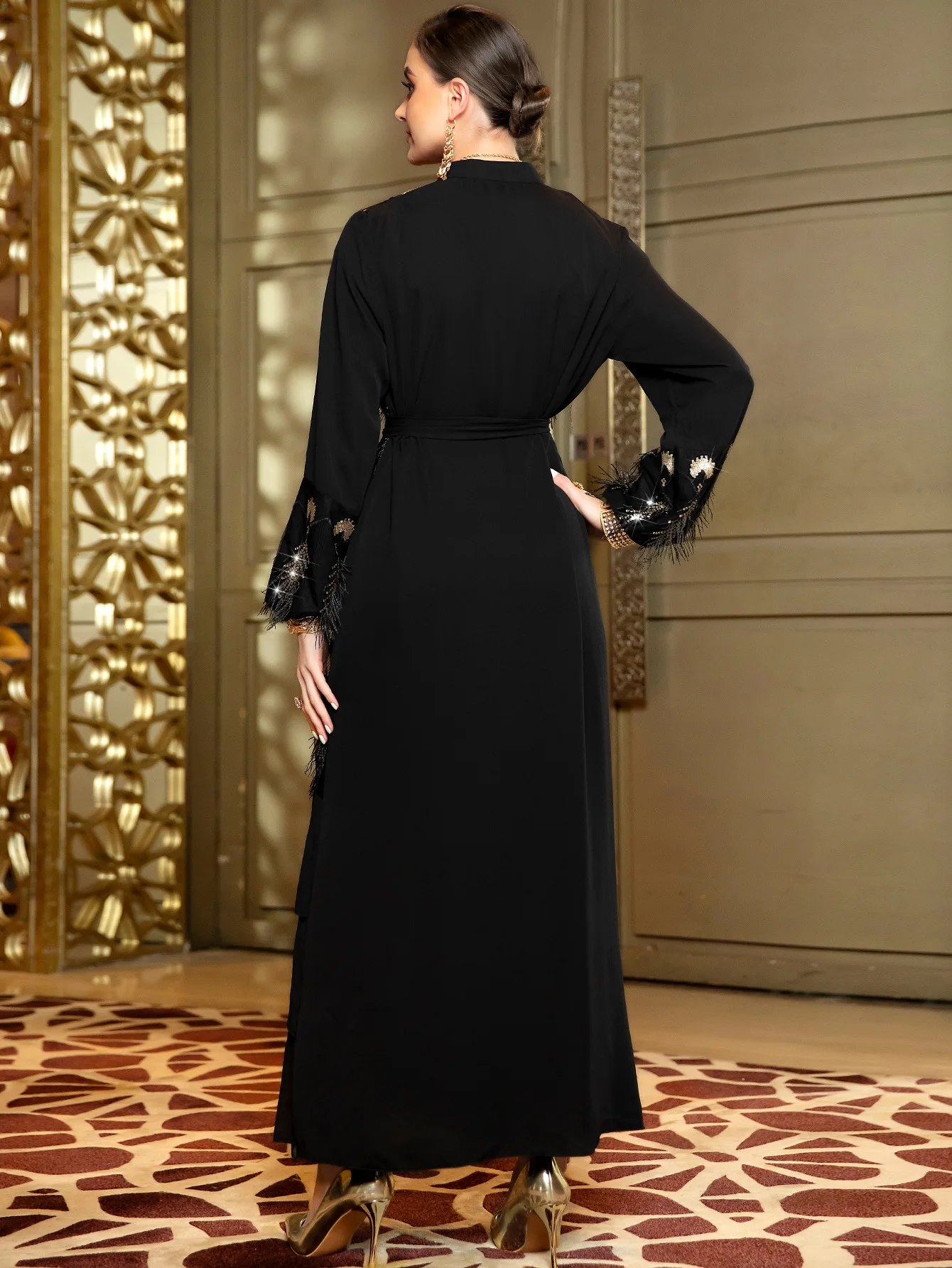abaya muslim 2024 saudi 2 Pieces Abaya Set Black Shimmer Feather Sequin Cardigan Long Dress Modest East Middle Evening Dress