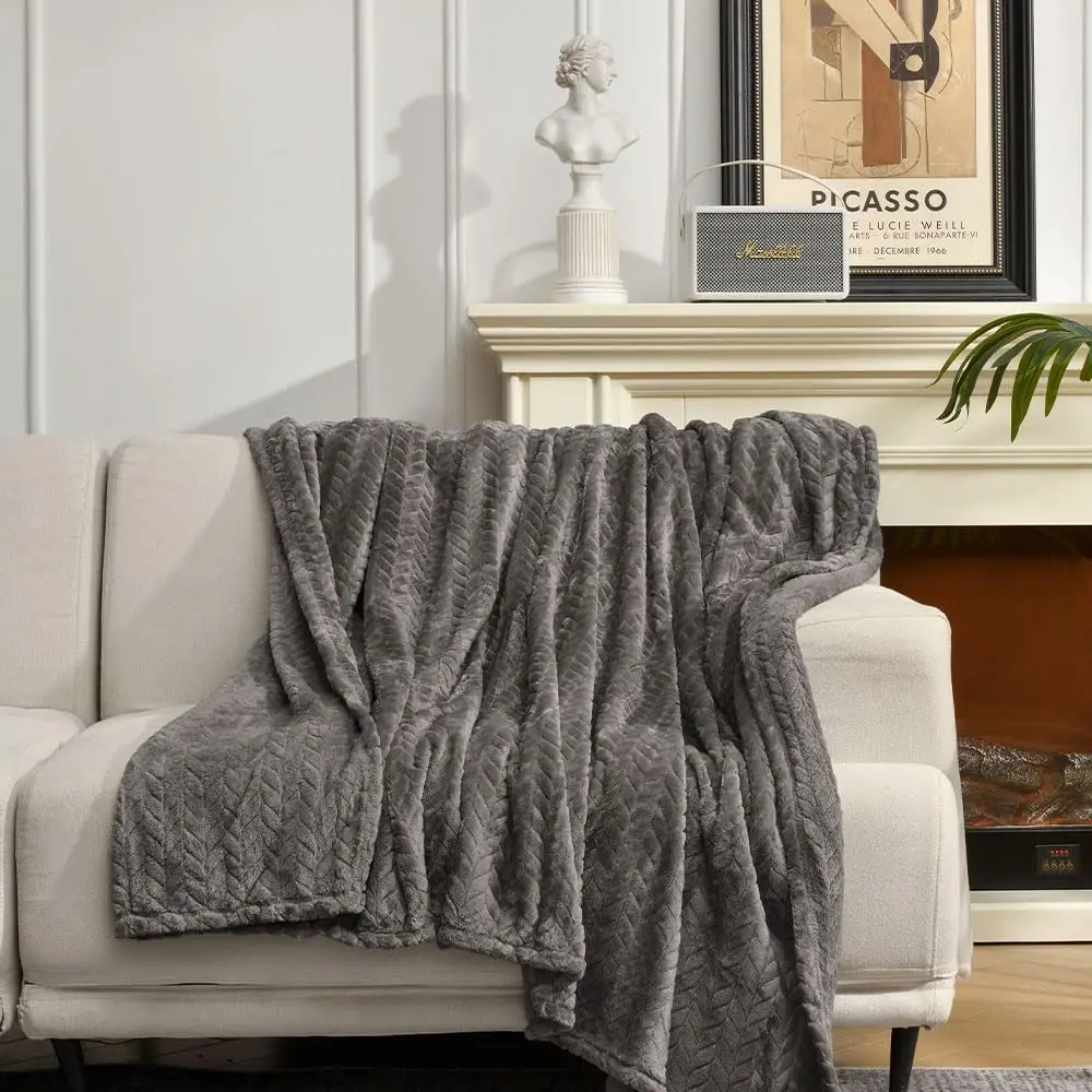 Flannel Fleece Luxury Throw Jacquard Weave Blanket, Charcoal Grey Travel/Throw Size Leaf Pattern Cozy Couch/Bed Super Soft