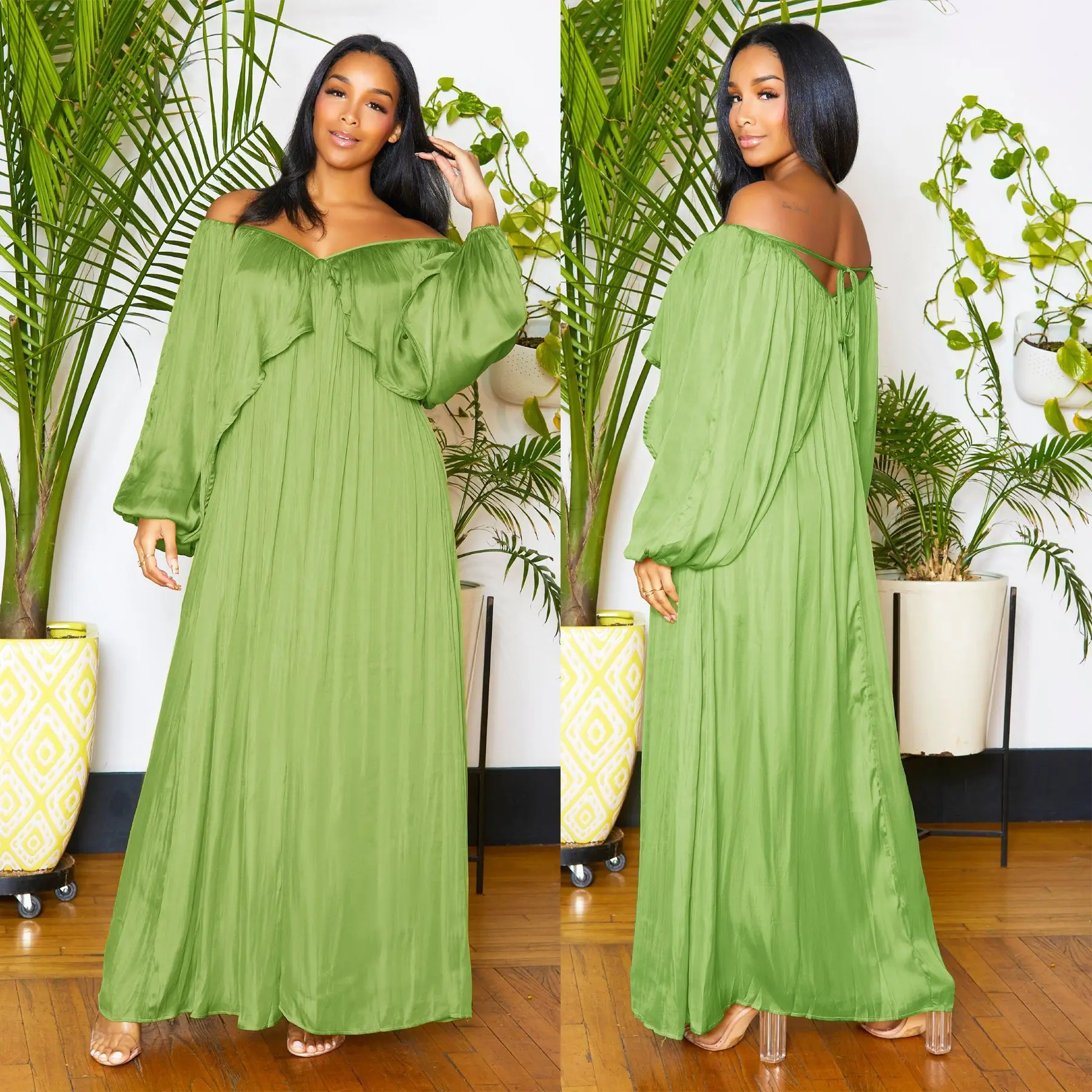 2023 Summer plus size African Chiffon dresses Loose Elegant Long Dress for women High Waist Bat Sleeves Sexy Dresses