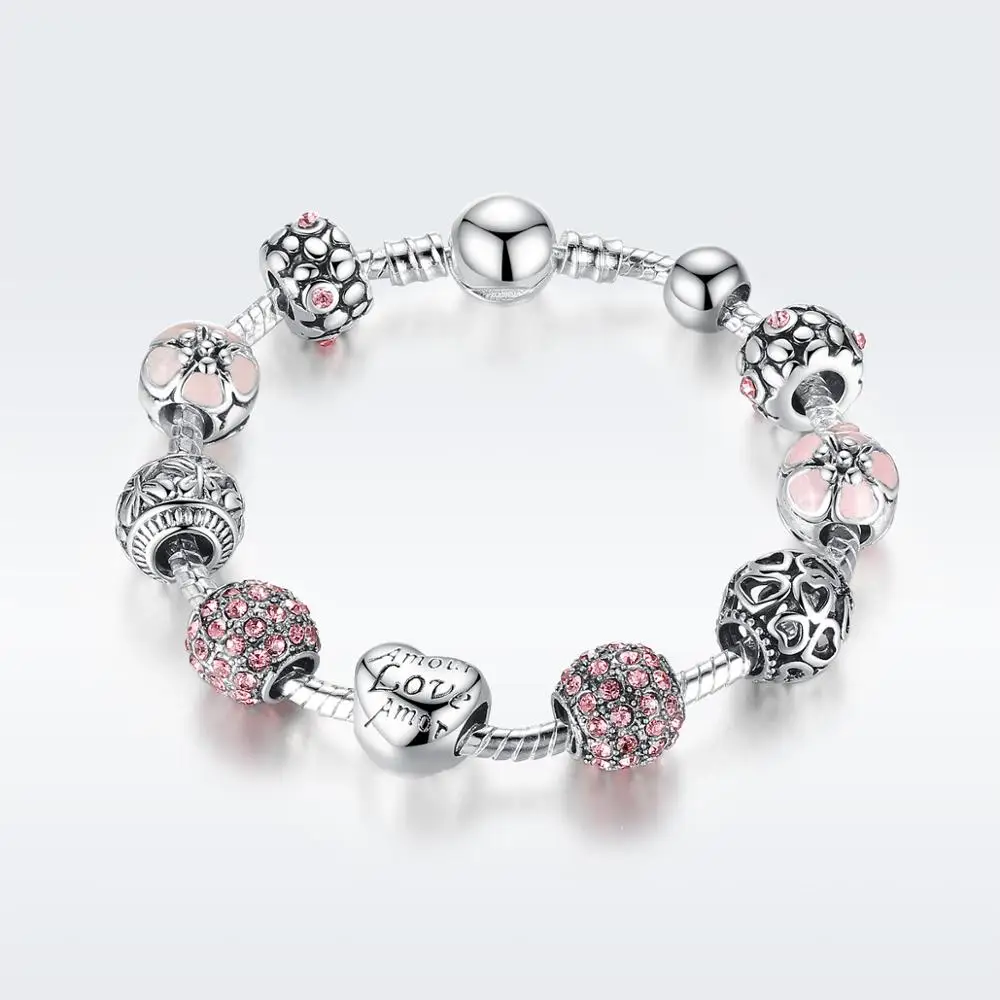 Antique Silver Charm Bracelet & Bangle with Love and Flower Beads Women Wedding Jewelry 4 Colors 18CM 20CM 21CM PA1455