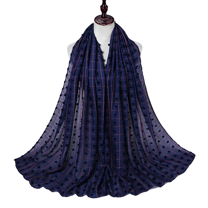 New Design Plaid Cotton Hijab Viscose Scarf With Bolus Ball Muslim Women Pashmina Soft Shawl Long Scarf 1pc Drop Shipping