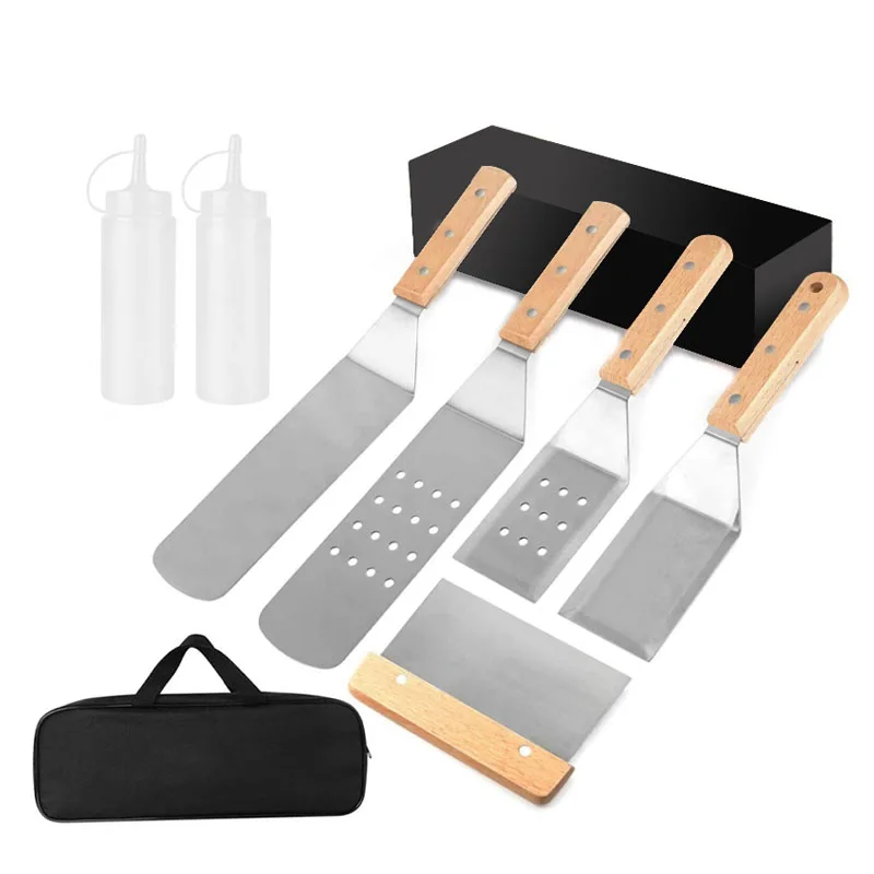 BBQ stainless steel wooden handle frying shovel kitchen Japanese cuisine shovel fried steak and barbecue tool