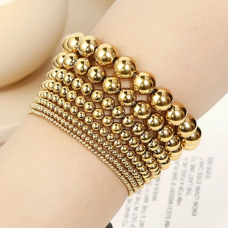 DAIHE 18k Gold Plated Stainless Steel Metal Stacked Jewelry Set Stackable Elastic Stretch Gold Ball Beaded Bracelets For Girl