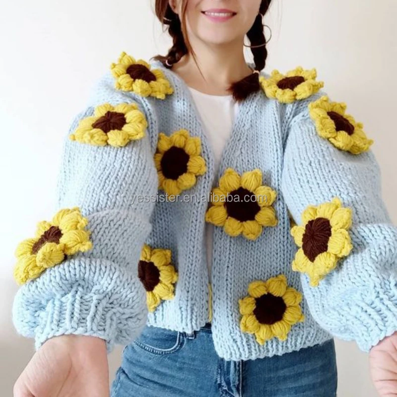 Wholesale Hand Knitted Cardigan Womens Winter Handmade Flower Chunky Sweater Coat Women Lantern Sleeve Sweater Cardigan