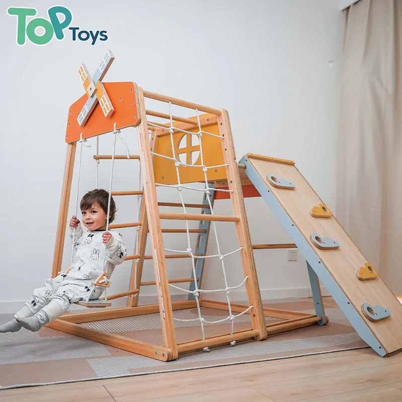 TOP Wooden Windmill Rainbow Climbing Frame And Ramp Montessori Toddler Indoor Outdoor Slide Swing Kids Climb Frame