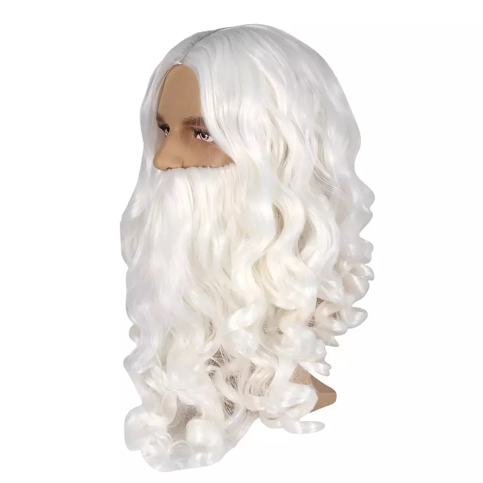 Christmas Cos Dress Up White Middle Parted Long Curly Beard Set Santa Claus Wig Long Curly Beard