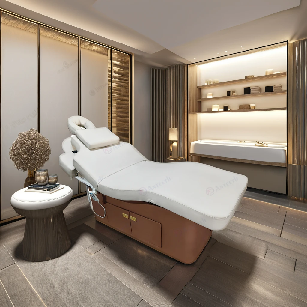 New Spa Salon Furniture Massage Bed With Wooden Cabinet Treatment Table 4 Motors Adjustable Thermal  Electric Massage Table