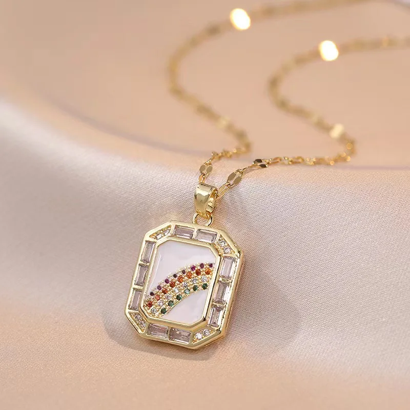 New Product Copper Necklace Zircon Rainbow Tiles Light Luxury Design Gold Plated Geometry Colorful Pendant Necklaces for Women