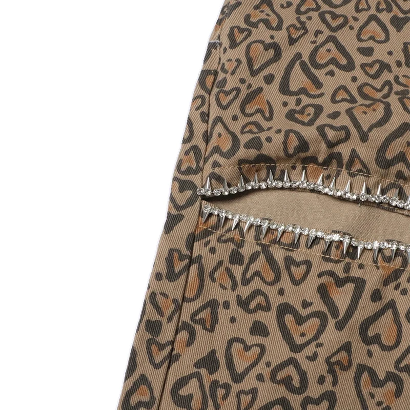 Leopard Rhinestone Embellished Colorblock Hollow Out Patchwork Diamonds Straight Wide Leg Denim High Wholesale Women Jeans