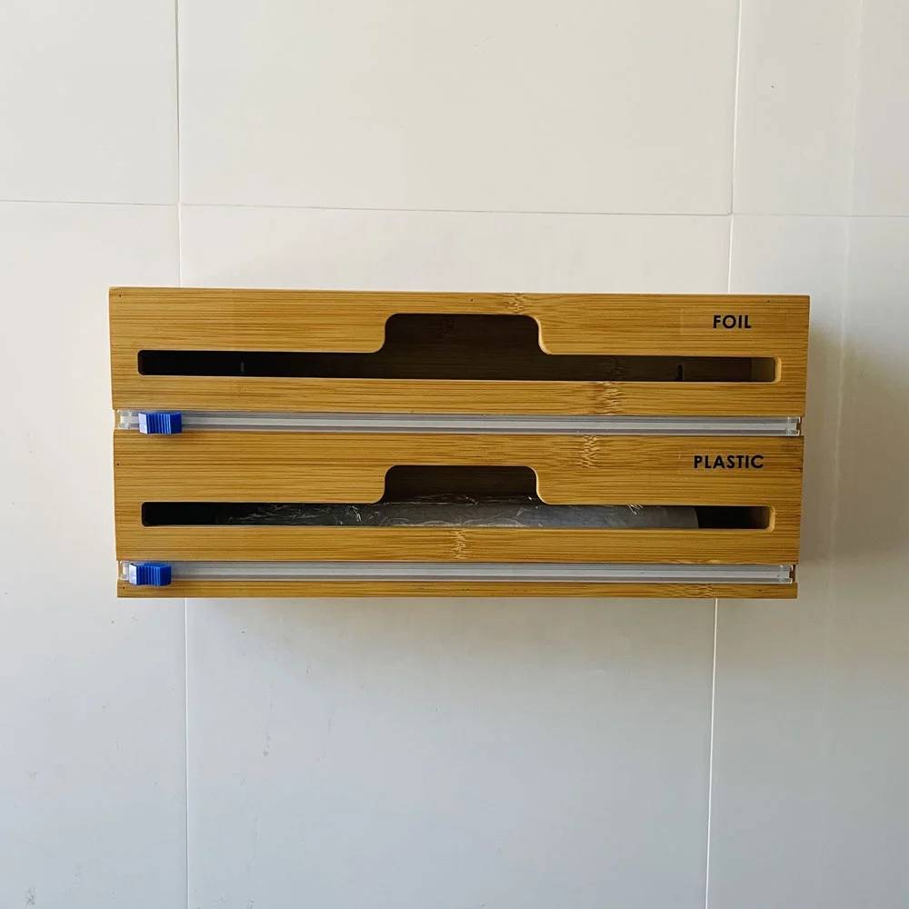 Kitchen accessories drawer wood bamboo roll organizer holder 2 in 1 foil and plastic wrap dispenser with cutter