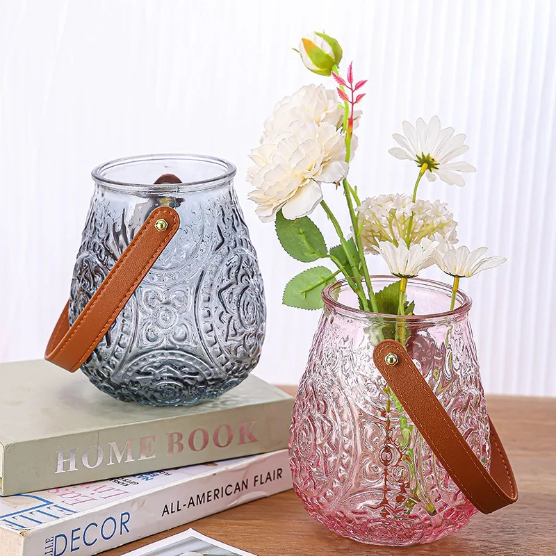 Nordic Style Ins Leather Decorative Glass Crystal Vase High-End Home Purse Wholesale Light Luxury Embossed Glass Bottle Premium