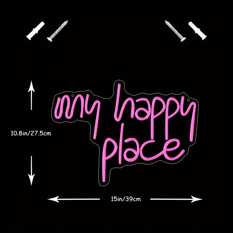 1 pc My Happy Place Neon Sign LED Light up for Wall Decor Pink Neon Lights Neon Letters Room Aesthetic Accessory