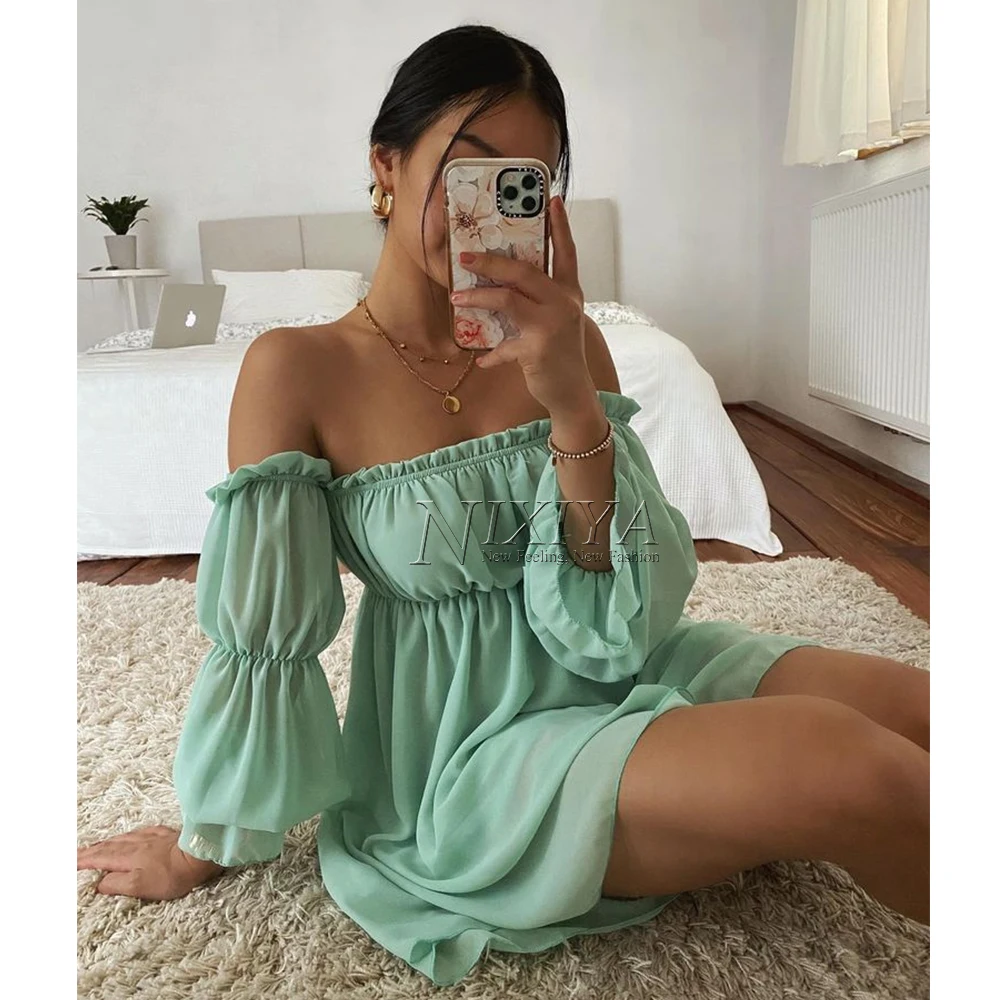 Hot Selling Wholesale  Women Off Shoulder Casual Woman Dress mesh One shoulder Chiffon dresses