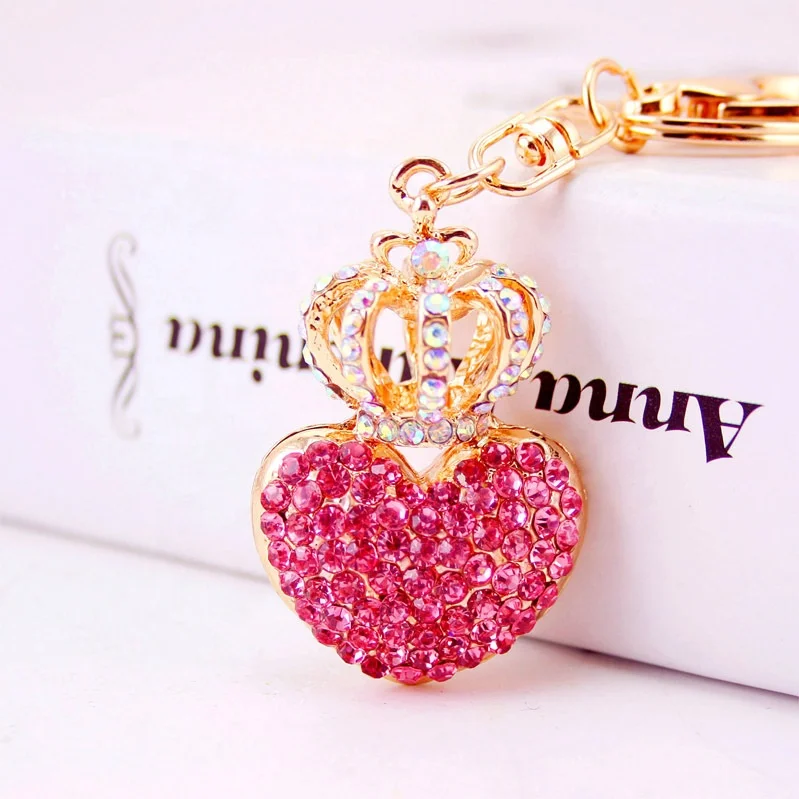 Low MOQ Promotional Rhinestones colorful Crown Heart Shaped Lover Car Metal keychain