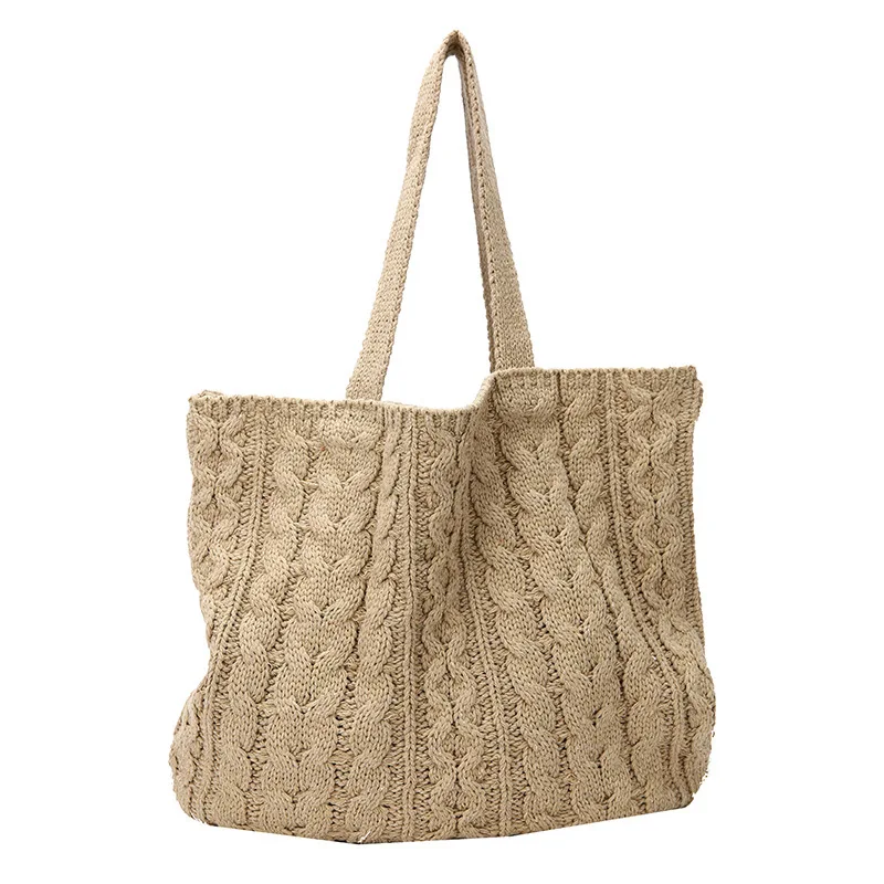 YIMYIK New Arrival Fashion Solid Color Braid Knitted Casual Quality Khaki Shoulder Tote Bag