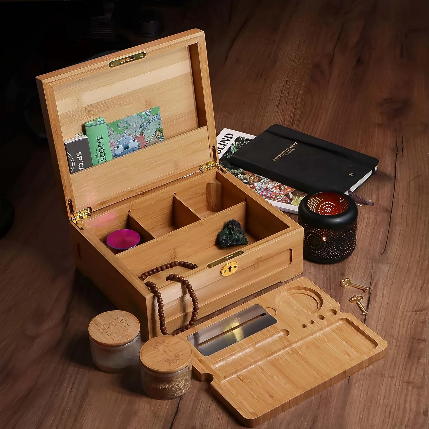 Bamboo Stash Kit, Storage Box, Rolling Tray, Rolling Kit, Rolling Tray Box with Lock, Smell Proof Box, Lock Box
