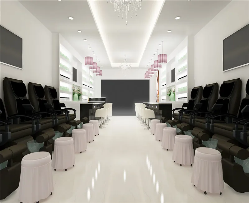 Custom Beauty Shop Decoration Nail Furniture Glass Salon Nail Salon Store Design with Pedicure Chair Nail Salon Furniture Modern