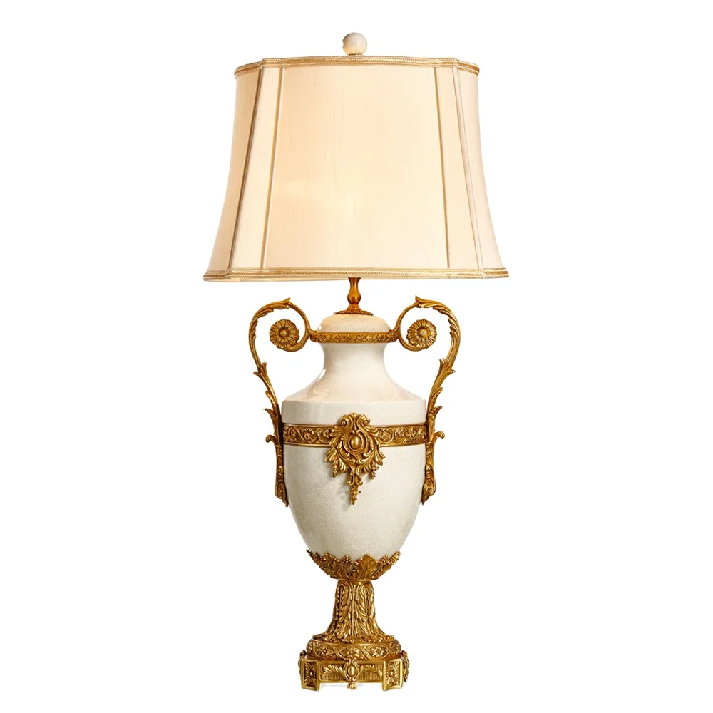 Classic Baroque Style Gilt Bronze Pedestal Feather Ornate Table Lamp with Beautiful Drum Lampshade