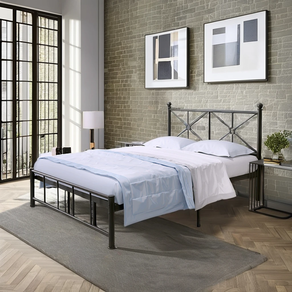 Elegant Home Products Vintage Beds Full Size Bed Frame with Headboard Heavy Duty Metal Platform Bed Frame Steel Slat Support