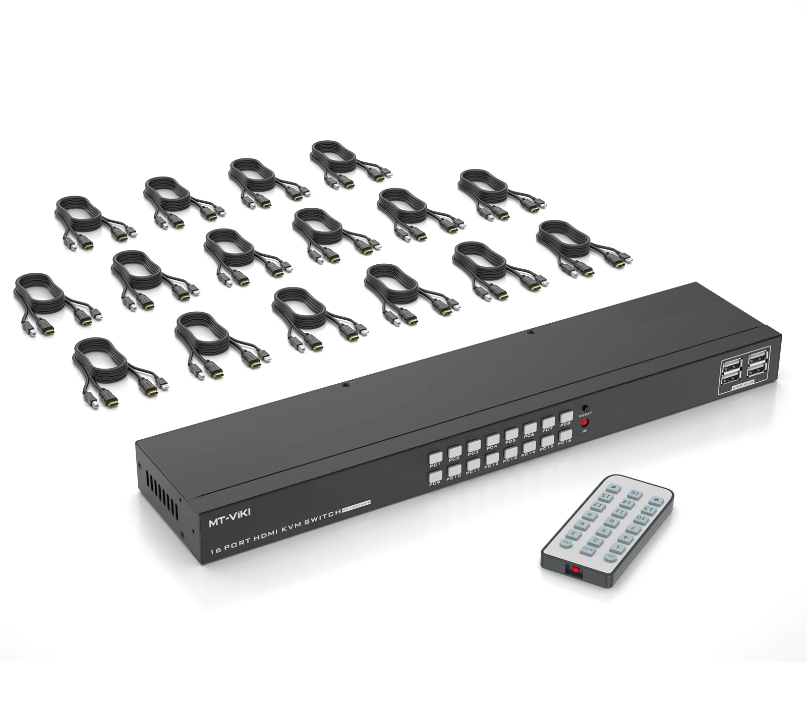 16 Port KVM switch HDMI 4K 30Hz, MT-VIKI Rack KVM Console 16x1 Switcher 16 in 1 out + 16-Pack Cables