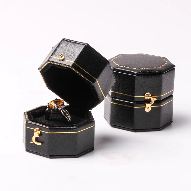 Custom Romantic Sweet Luxury Small PU  Engagement gift packaging JEWELRI BOX Jewelry Box Octagonal  Ring Box Six Colors