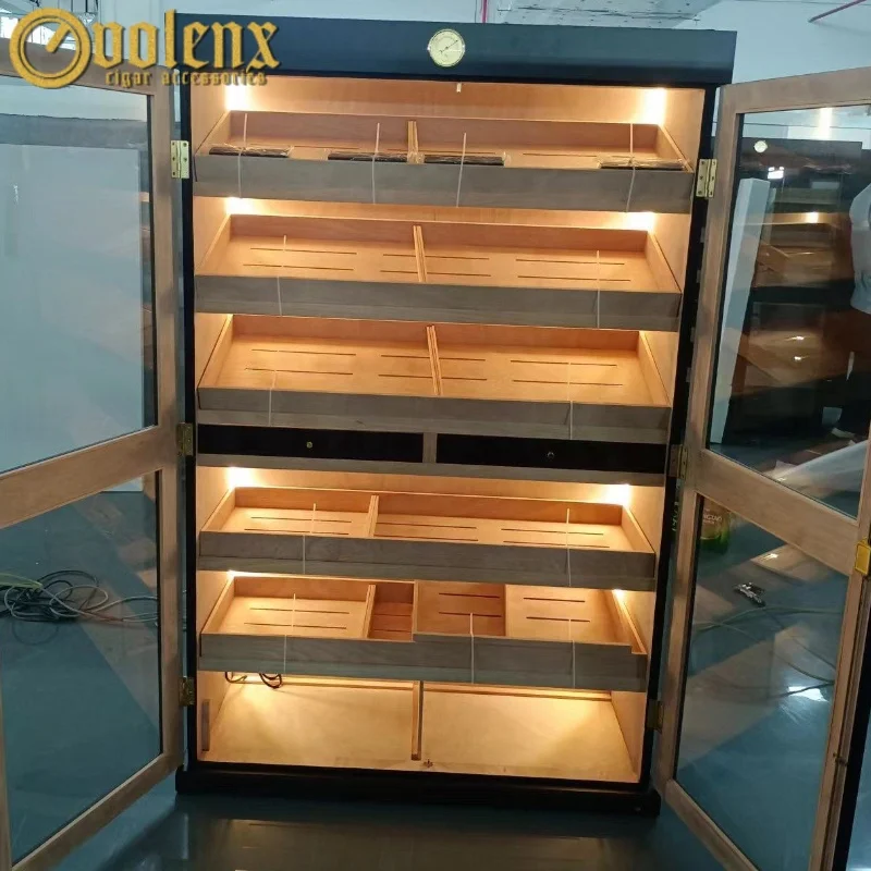 Double Door Led Light Cabinet Display Black Commercial Cigar 2 Door Humidor Cabinet