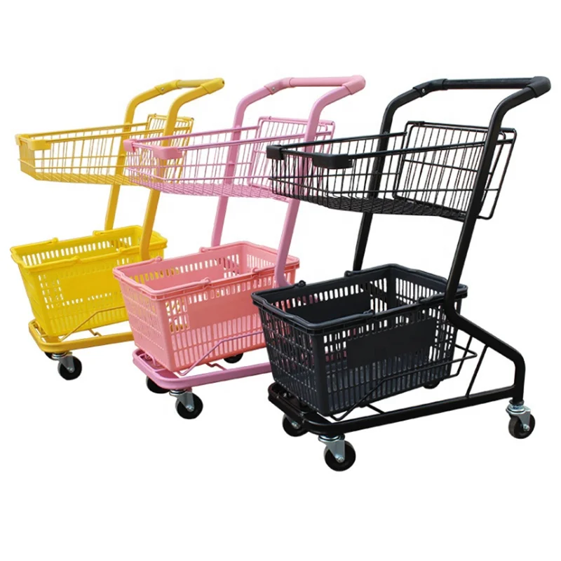 Manufacturer 2-tier supermarket grocery trundler double basket shopping trolley cart Supermarket Shopping Trolley