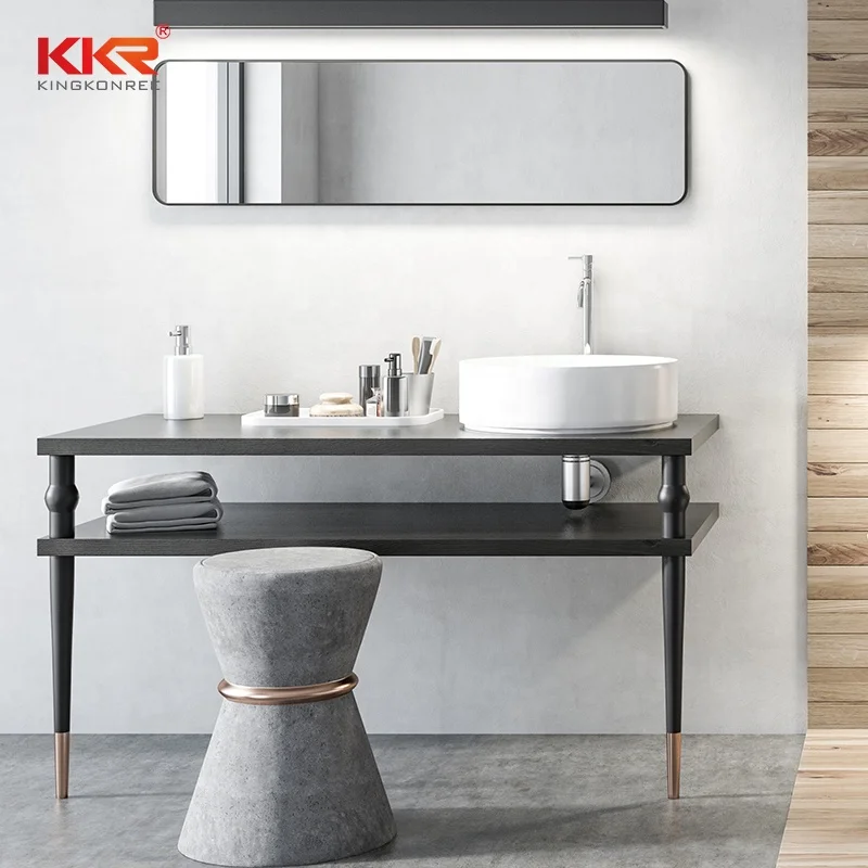 Hotel House Full Set Vanity Bathroom Led Mirror Cabinet Steel Stand Marble Look Vanity Top Basin