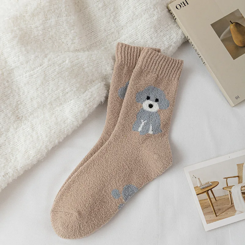 hot sale cute cartoon dogs floor sleeping ladies warn winter extra thick indoor fuzzy winter socks