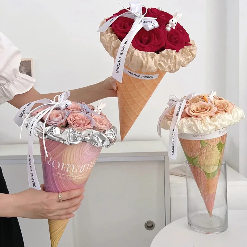 New Design Gift Paper Thick Cardboard Unique Ice Cream Cone Shape Flower Wrapping Paper for Bouquet
