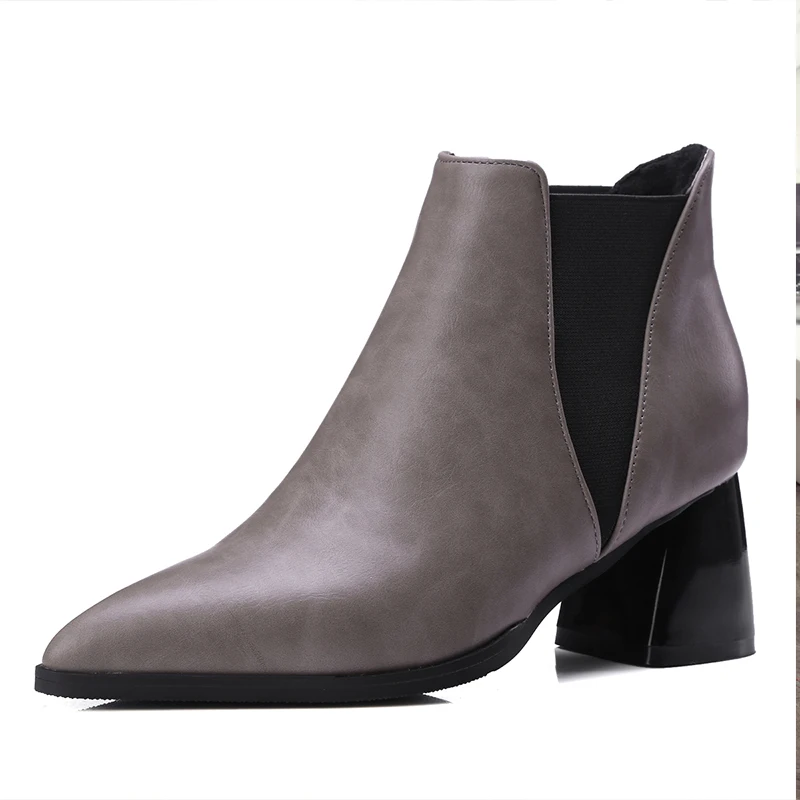 Fashion Boots Pointed Toe Thick High Heels Casual Women Ankle Boots PU Leather Platform Ladies Shoes 2021 Winter Warm Fur 34-45