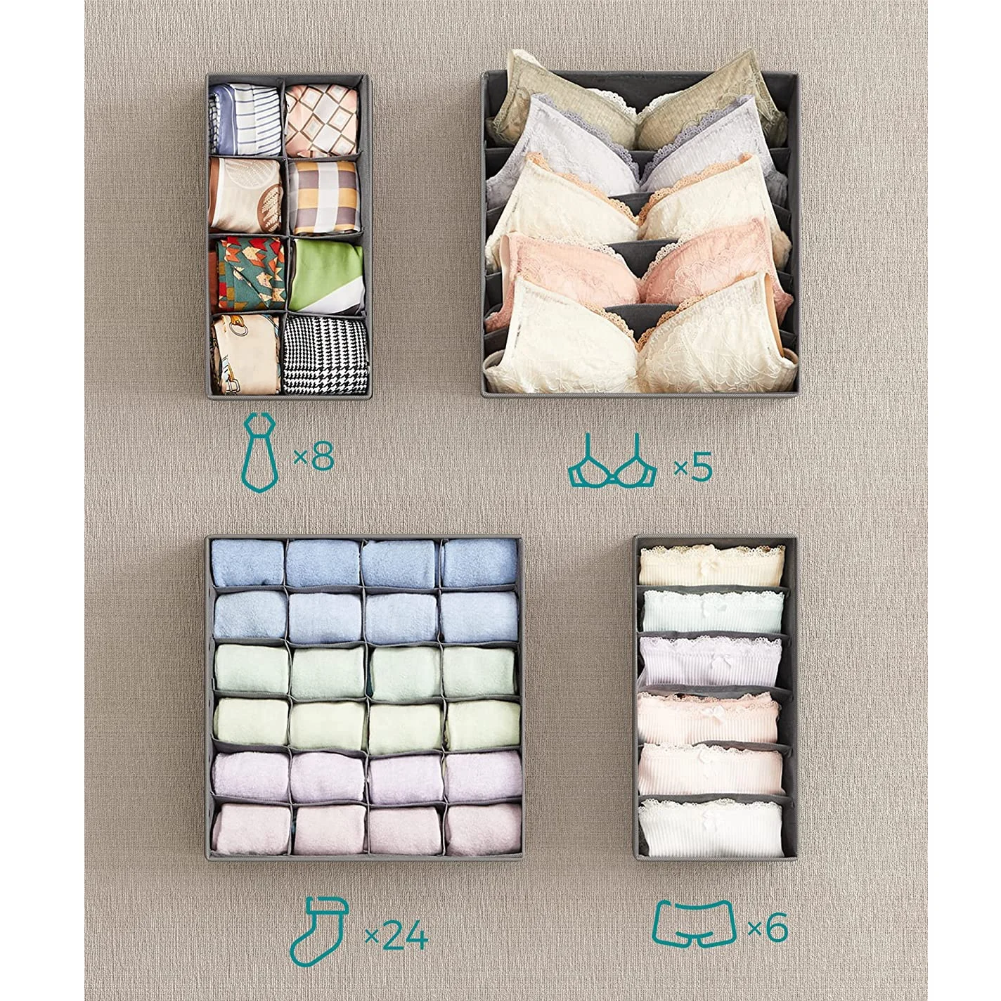4 Pack Collapsible Underwear Drawer Organizers Wardrobe Closet Organizers Set Fabric Storage Boxes for Bras Socks Ties Scarves