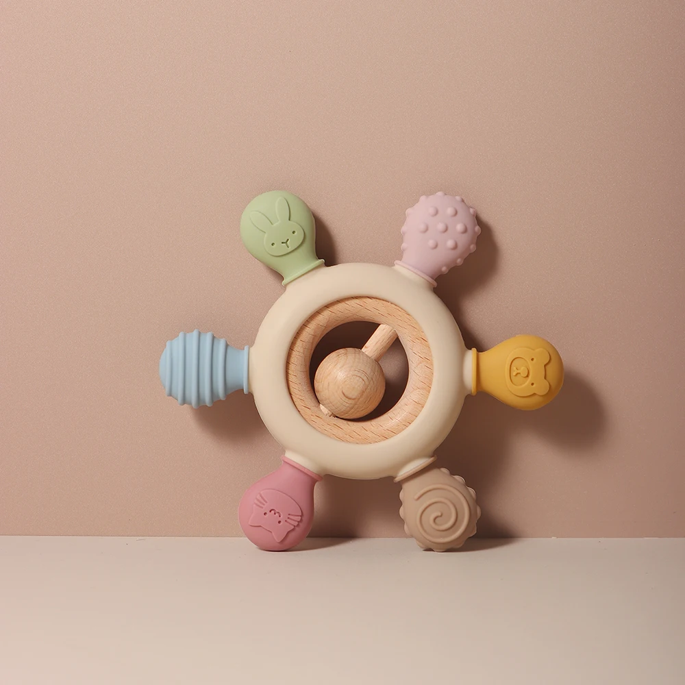 Beech Wood Ring Food-grade Baby Silicone Teether Chewed Baby Rattle Toy Shaking infant teething 3 to 6 month chewable
