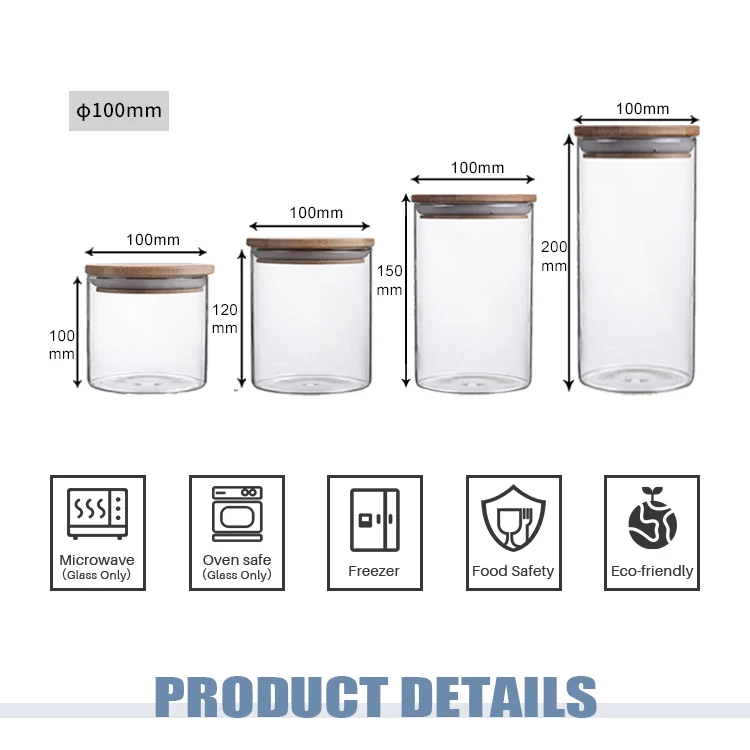 High Borosilicate Refrigerator Use Glass Spice Jar Glass Food Storage Jar With Wood Lid Bamboo Lid