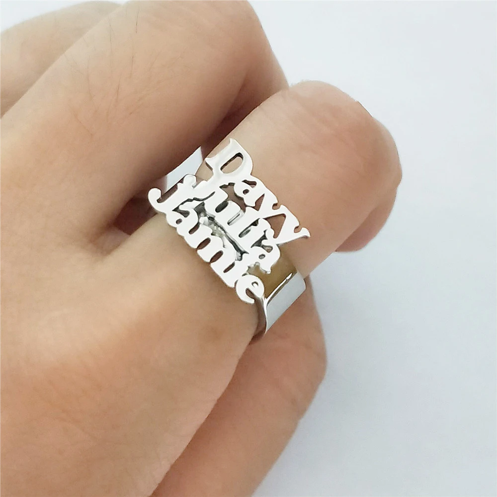 Adjust Custom Men Ring Multiple Names Family Jewelry Open Wide Band Gothic Gold Personalized Name Ring For Women