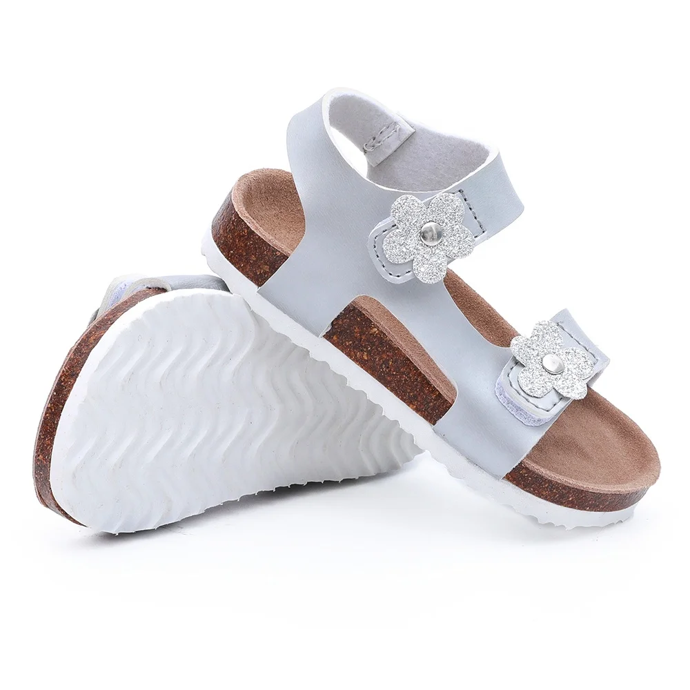 Hotsale High Quality Toddler Kid Girl Flower Sandals with Cow Leather Insole and Cork Foot-bed