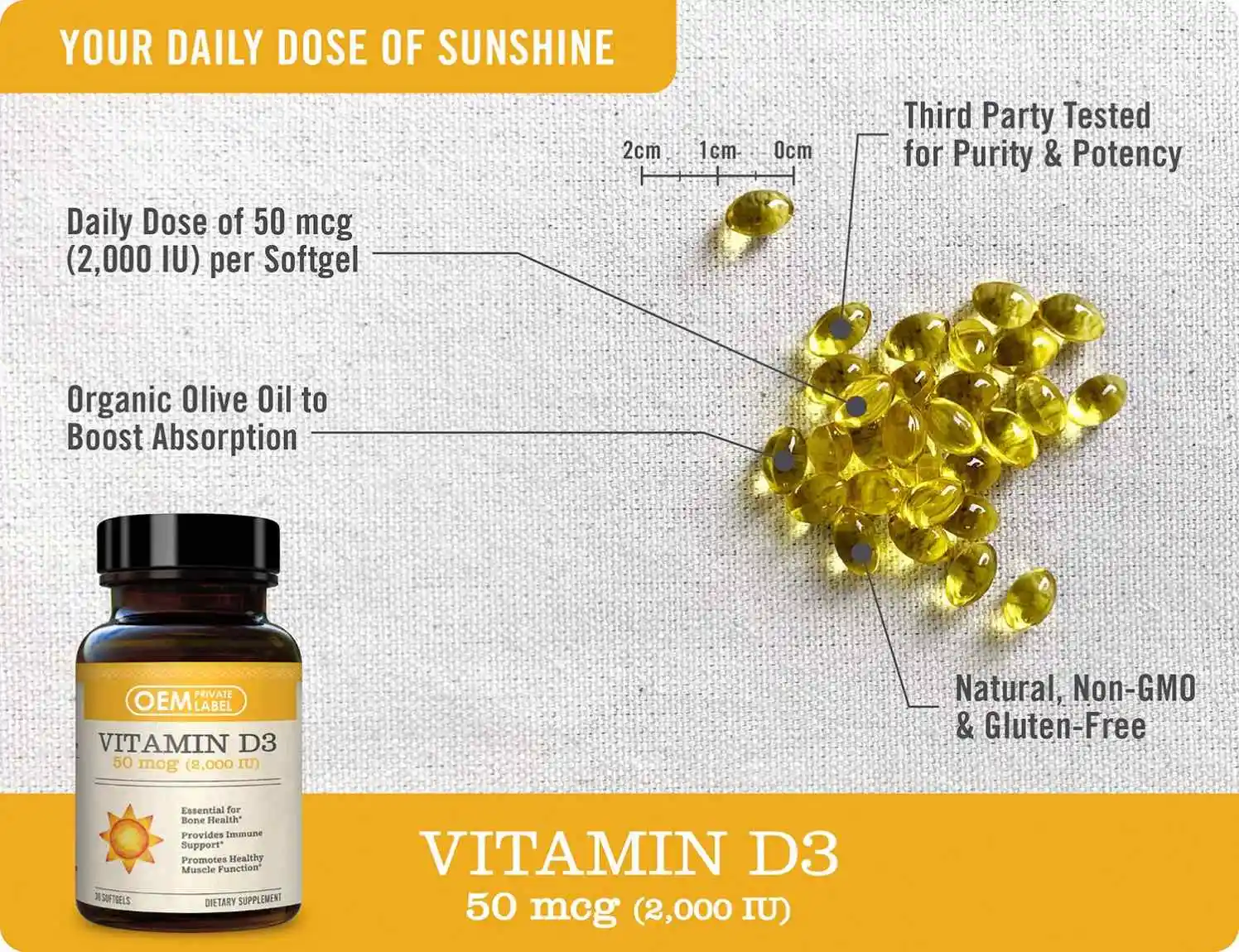 OEM 30s Vitamin D3 capsules Vegan for Healthy Muscle and Immune Support Non-GMO Gluten Free in Cold-Pressed Olive Oil vitamin D3