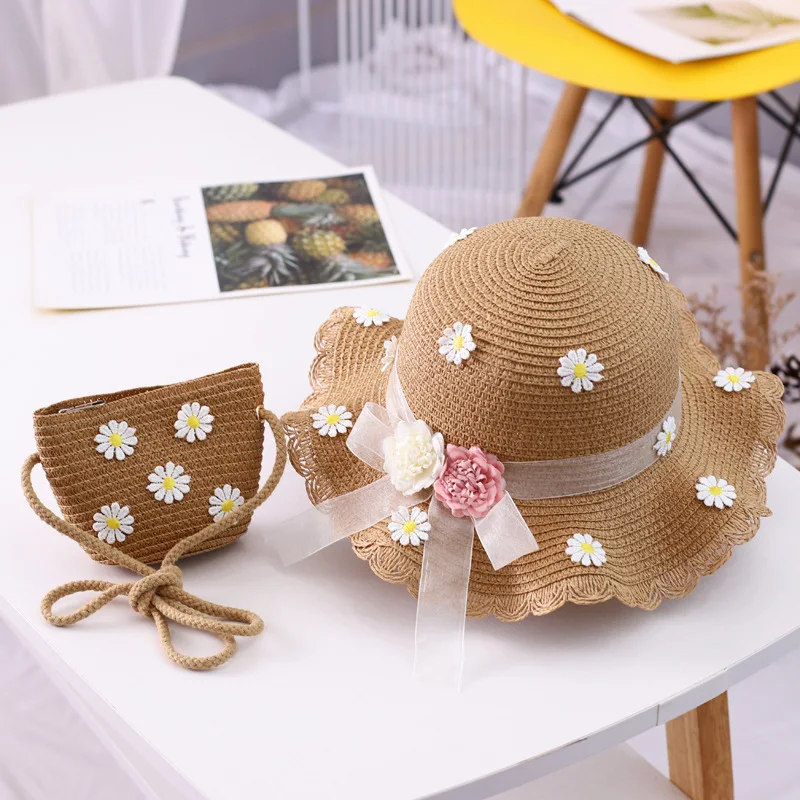 Girls straw hat summer new style ribbon flower kid sun hat sun hat + bag