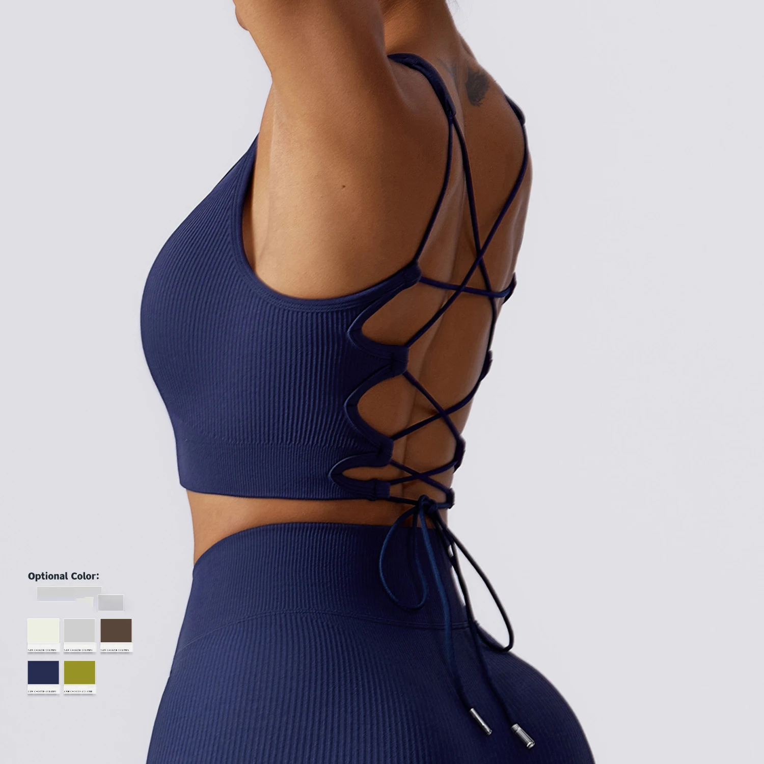 Cross back youth multi strap sports bra with unique designs pads sewn in