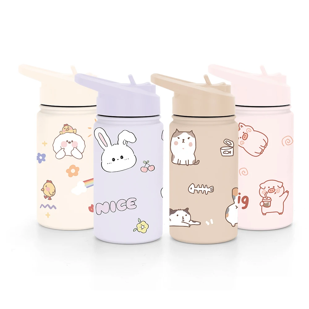 New Cartoon Design 12oz Stainless Steel Double Wall Insulated Kids Water Bottle Termos with Straw