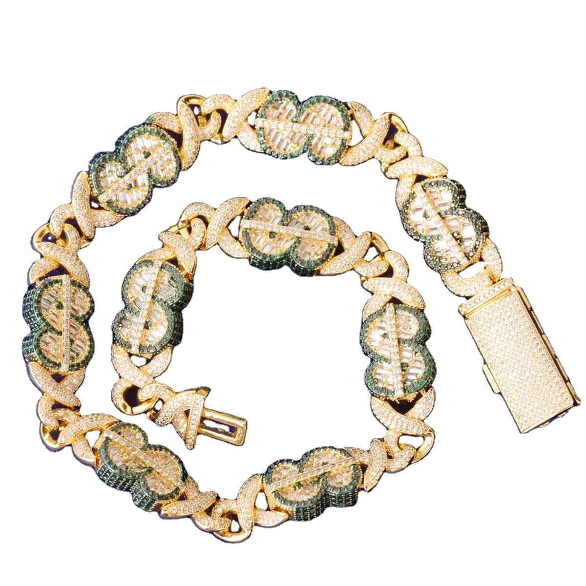 DE Rich Stylish Trendy Dazzling Fashion Brass Jewelry Iced Out Gold Plated Bling Zircon Dollar Money Infinity Link Chain