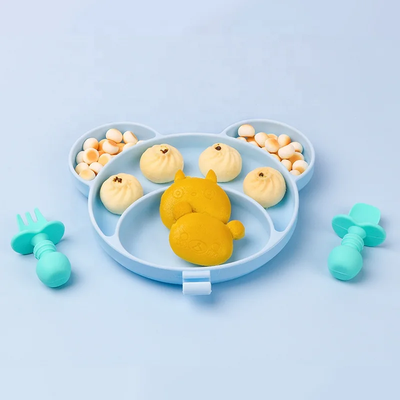 Cute Food Grade Toddler Kids Children Silicon Silicone Divided Food Suction Feeding Baby Plates For Baby