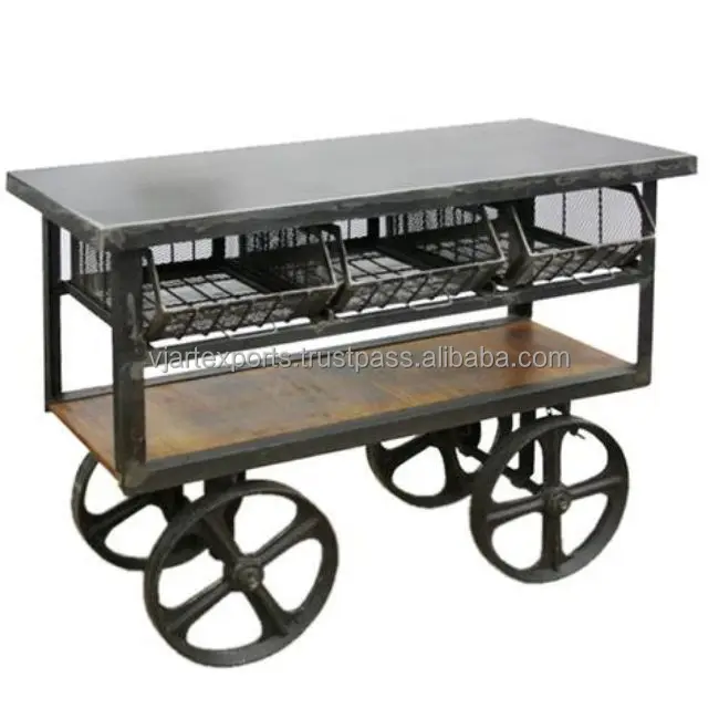 
industrial indian style furniture Iron metal based bar wine and service trolley with 3 drawers and rack 
