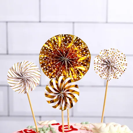 Cake Insert Card Gold And Silver Folding Fan Sun Flower Paper Fan Flower Birthday Cake Decoration Insert Card 4 Piece Set