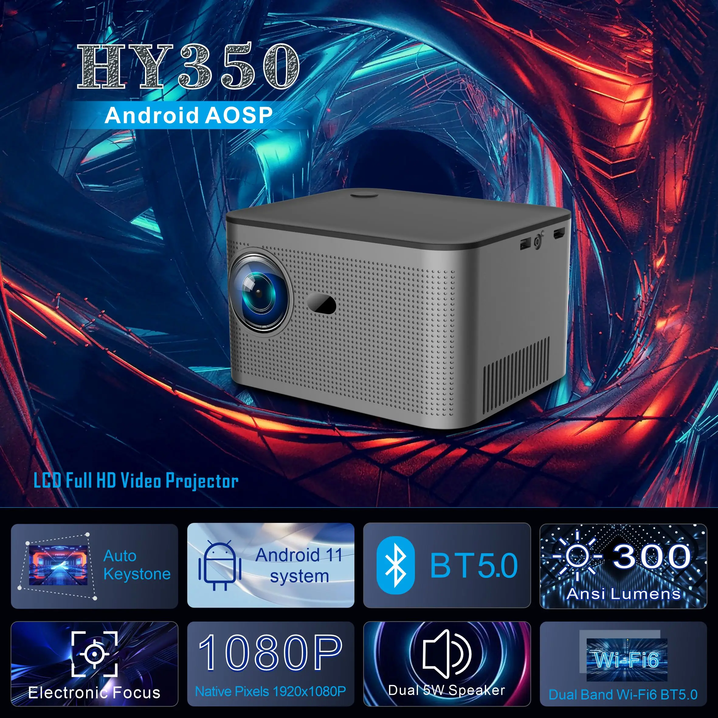 QBUY NEW HY350 Factory Direct Supply Projector HY350 Android 11 LCD 1080P 300Ansi LM Portable Projector for Home Theater