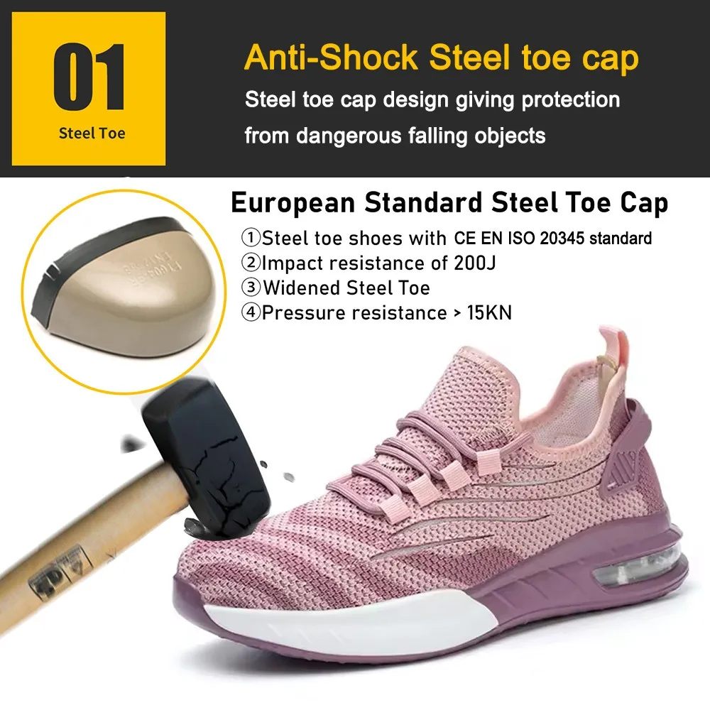 Tiger master air cushioned anti-smashing steel toe puncture proof light weight sport type safety shoes pink for women