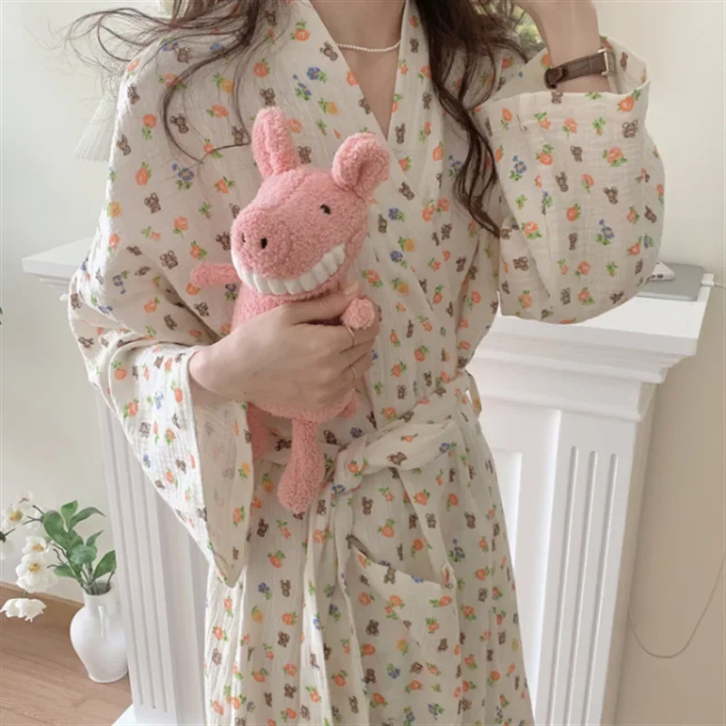Women Long Sleeve Bath Robes 2024 Spring Autumn Cute Cartoon Bathrobe Female Casual Home Clothes Sexy Nightgown Sweet Kimono