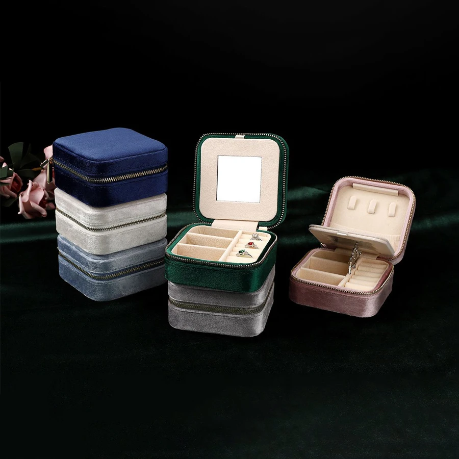 Low MOQ wholesale square shaped zipper lock portable bracelet earring necklace ring boxes velvet jewelry packaging storage box