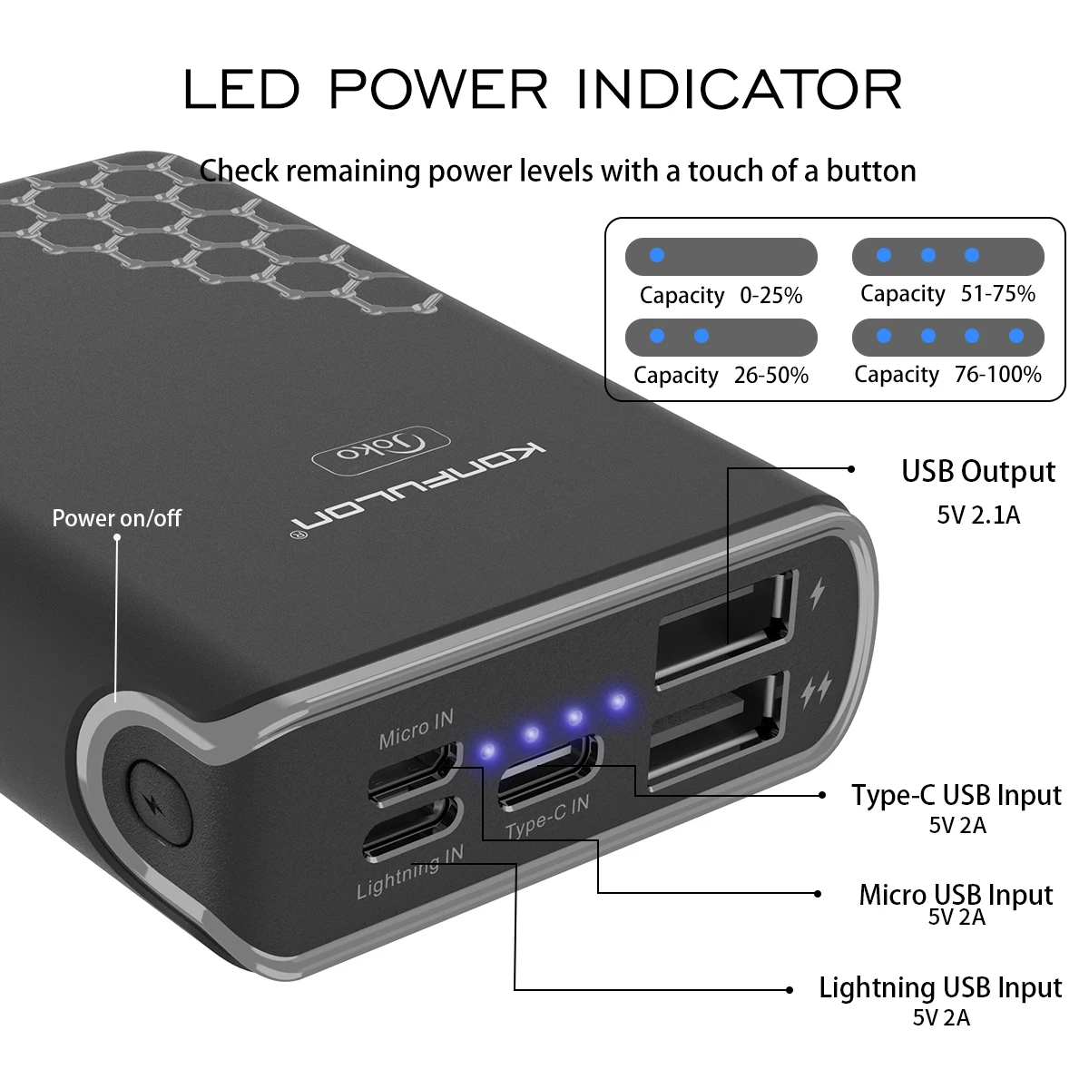 Компактный внешний аккумулятор Konfulon со светодиодным дисплеем 2 порта USB резервный для мобильных