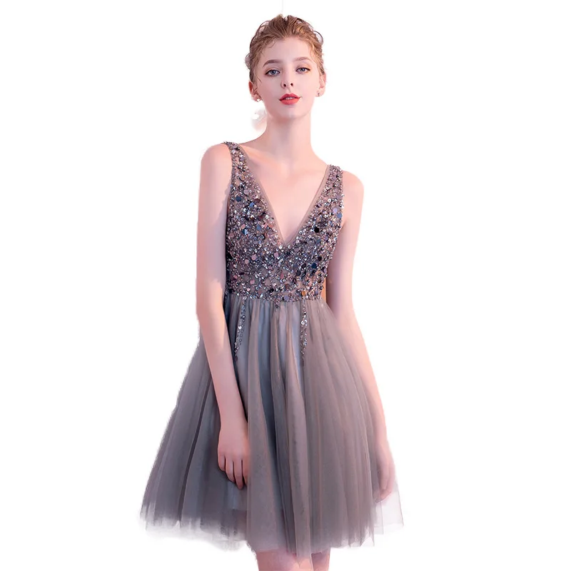 Sexy Women Gray Evening Dresses A Line V-neck Beaded Sequins Mini Formal Dress Girls Backless Dress Vestidos